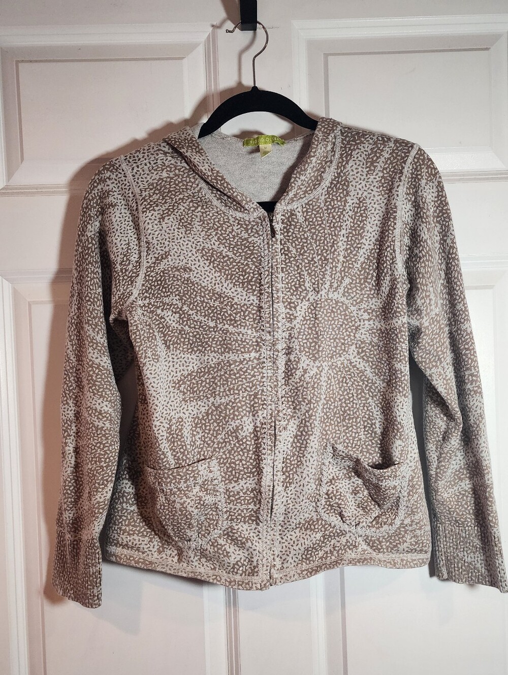 Sigrid Olsen Neutral Floral Zip-Front Hoodie Sweater - Beige Brown M